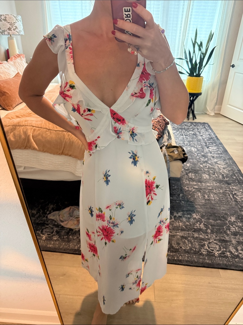 Astr White Midi Dress with Pink Floral Print and V-Neck Ruffle